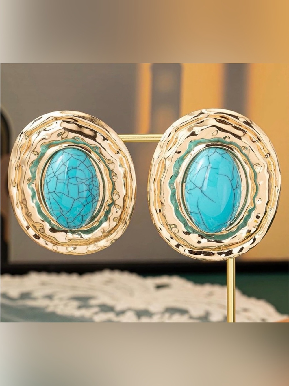 Gold Plated Earrings with Turquoise Stone - Women Jewelry